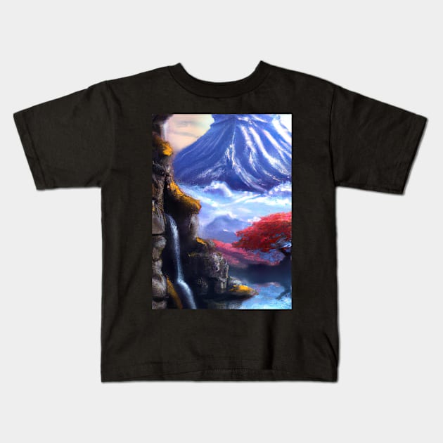 Japan Tower Waterfall Painting Kids T-Shirt by maxcode